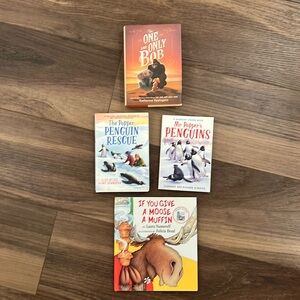 Kids books, Mr Poppers Penguins, One and Only Bob, If you give a Moose a Muffin